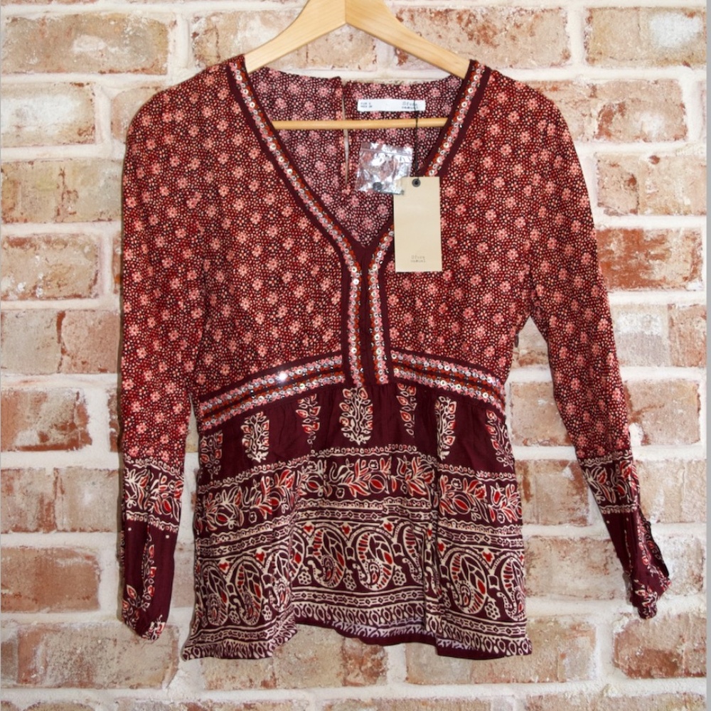 NWT Sfera Casual women's 3/4 sleeve peplum blouse. paisley with beading, size S